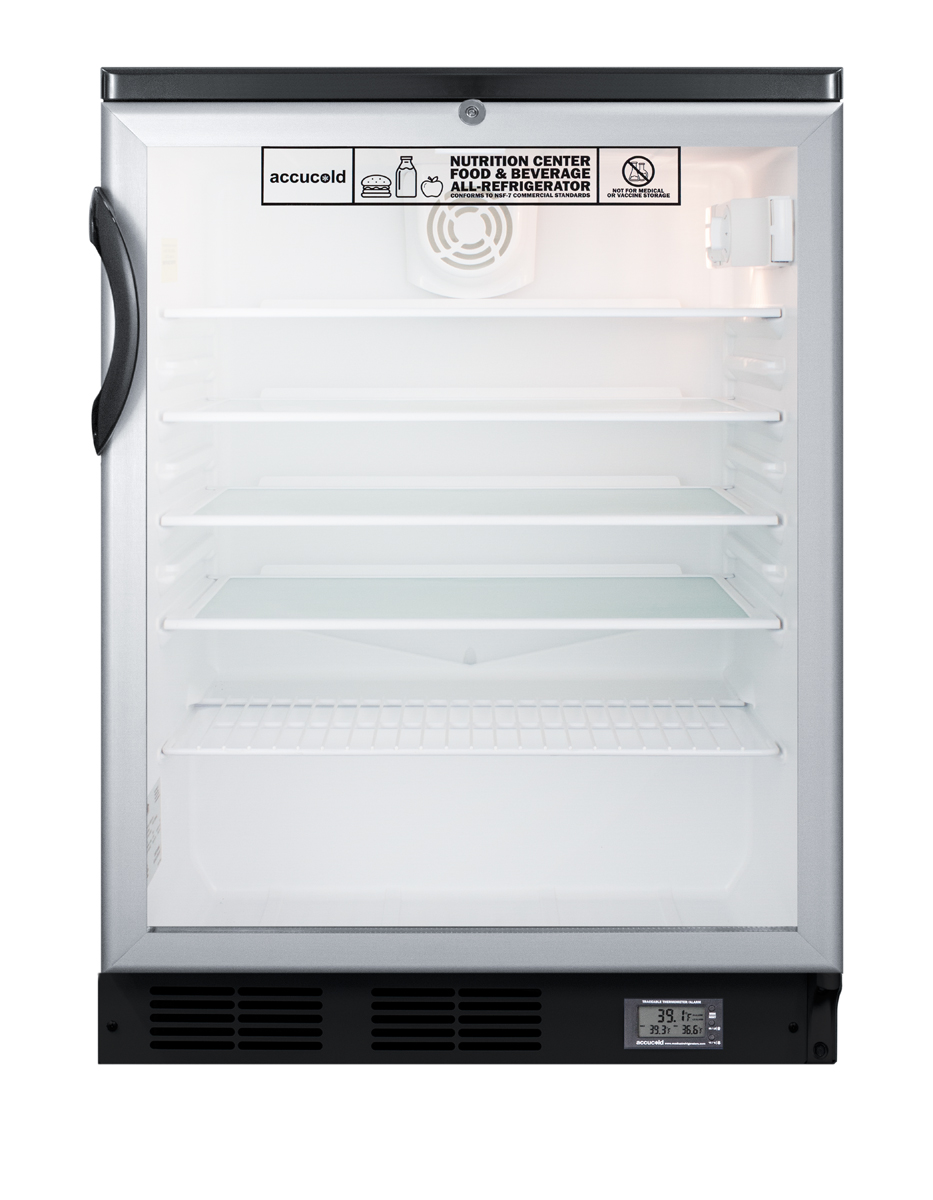 Commercially approved Nutrition Center series glass door all-refrigerator for built-in or freestanding use, with front lock and digital temperature display